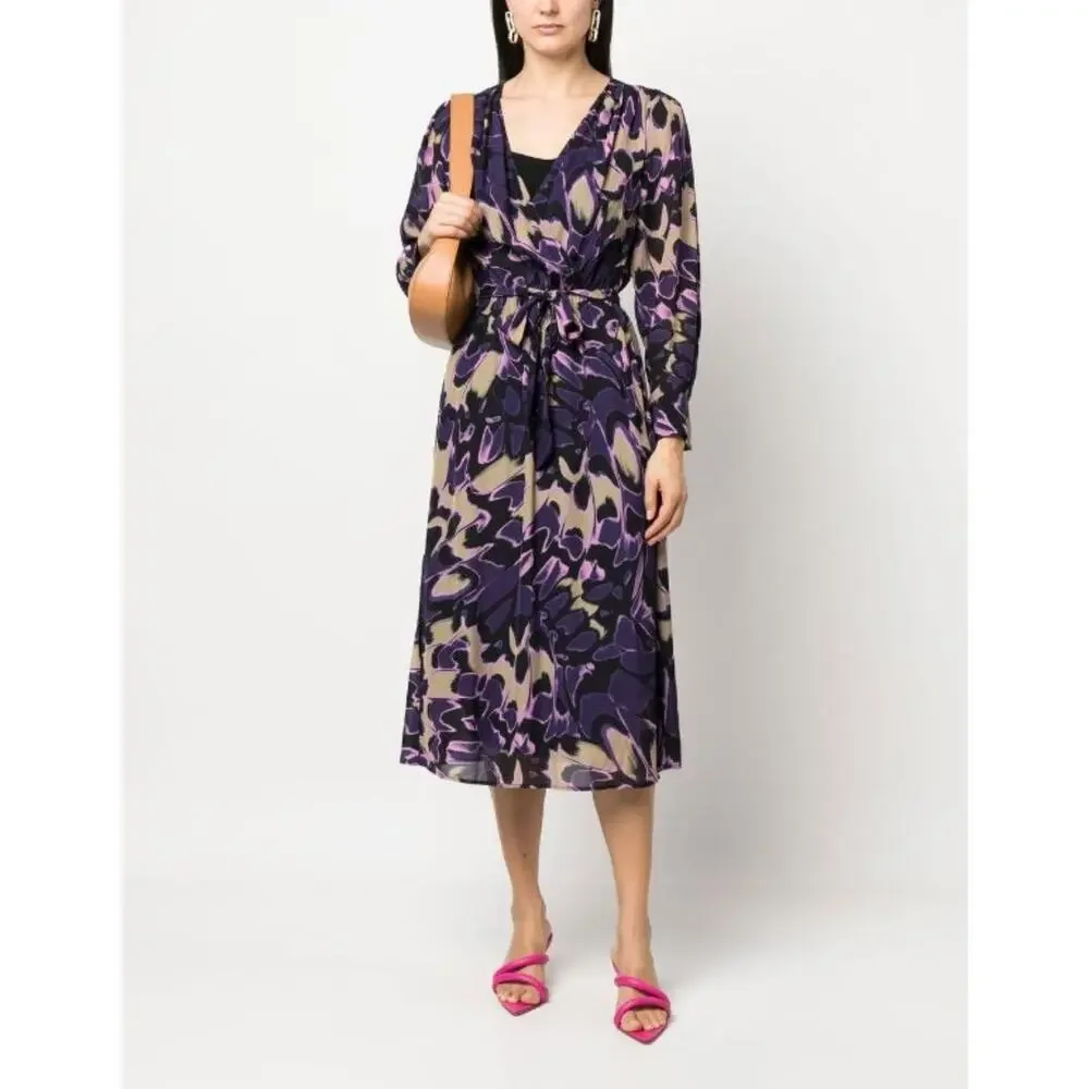 Boss Floral Tied-Waist Demaia Wrap Midi Dress Long Sleeve V Neck Size 4 NWOT